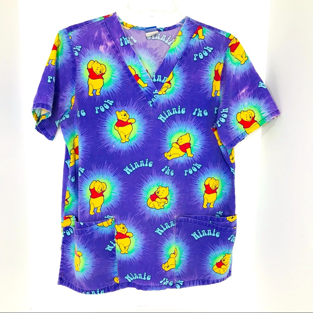 Disney Winnie The Pooh Medical Scrub Top Purple Tie Dye Pattern Women’s Small